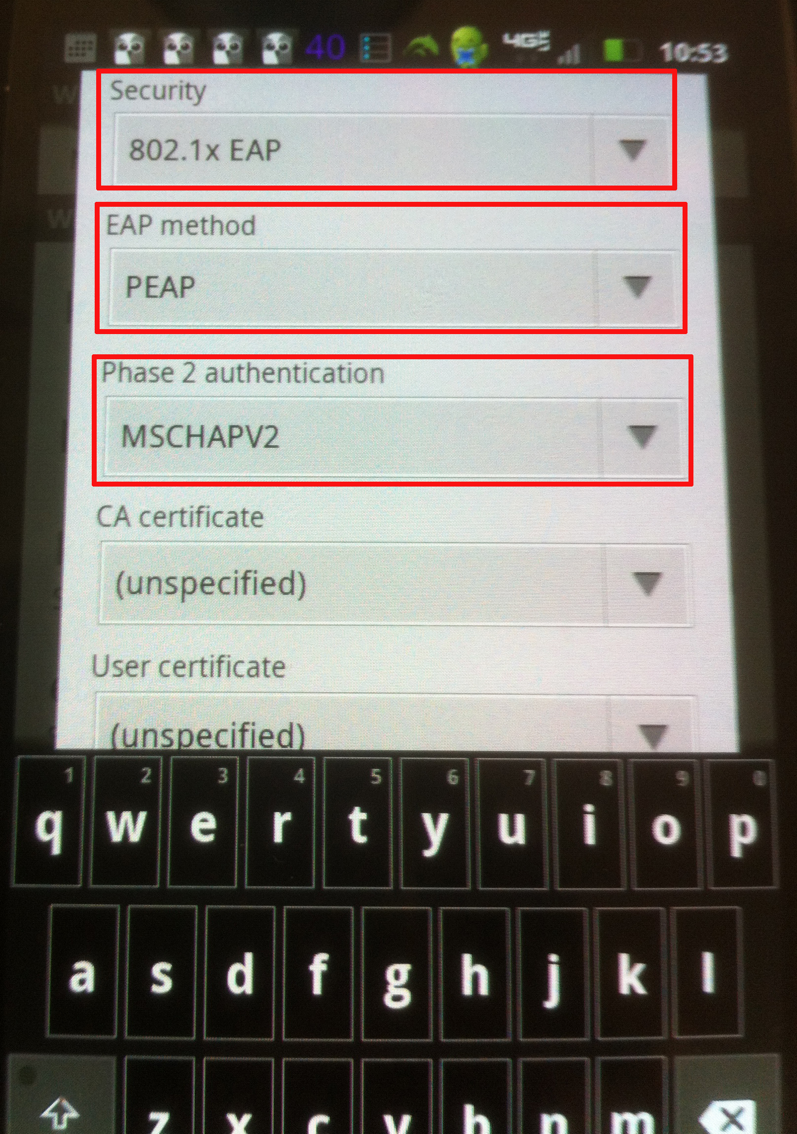 the security option, the EAP method option, and the phase 2 authentication option.