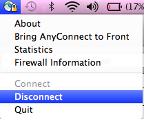 AnyConnect VPN dropdown with Disconnect selected