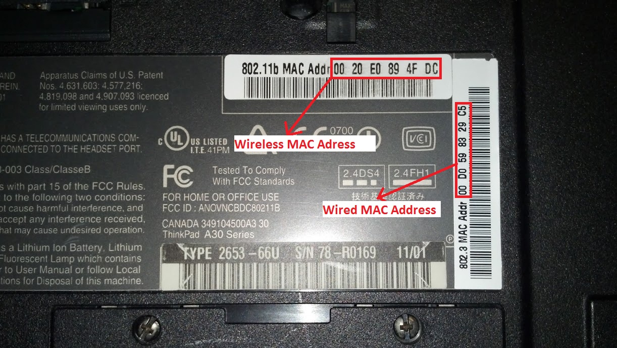 label on the bottom of computer with Wireless MAC and Wired MAC Address