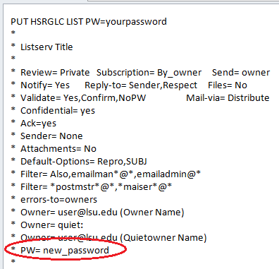 the Listserv message; PW=new_password highlighted.