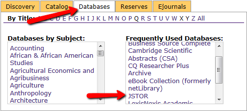 Databases tab in JSTOR