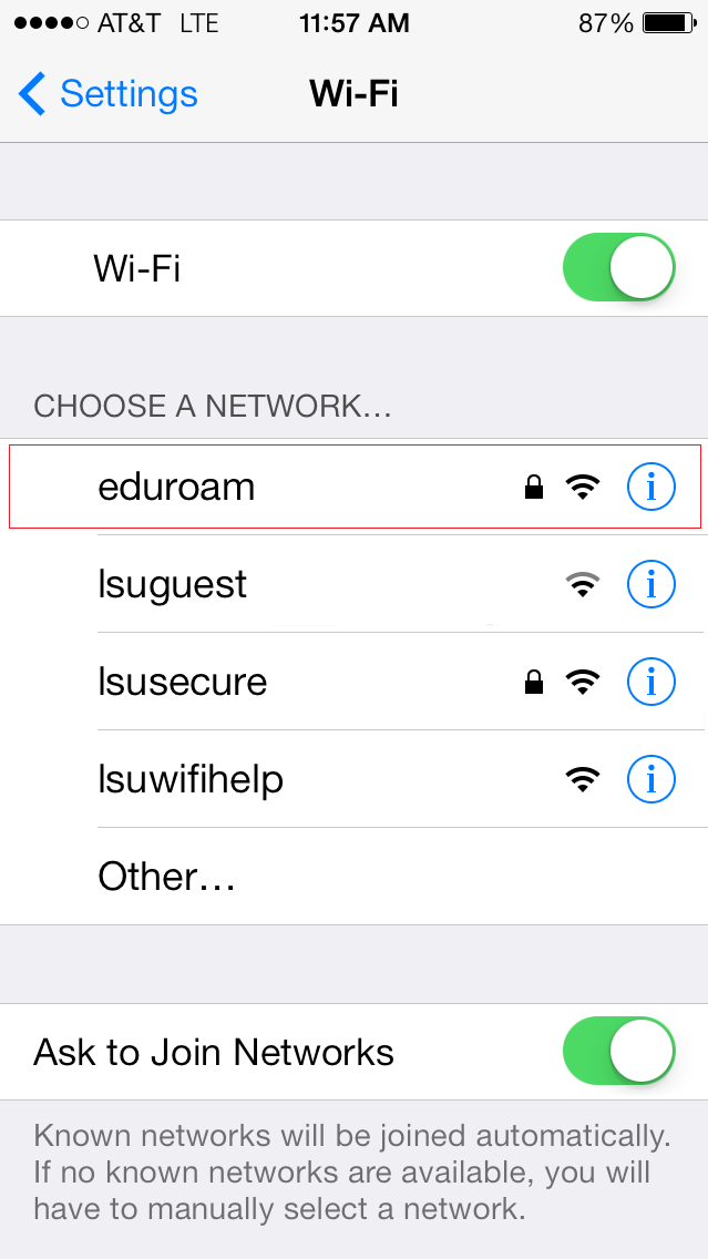 Option to connect to eduroam under the list of available networks 