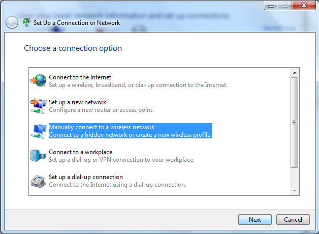 option to manually connect to a wireless network