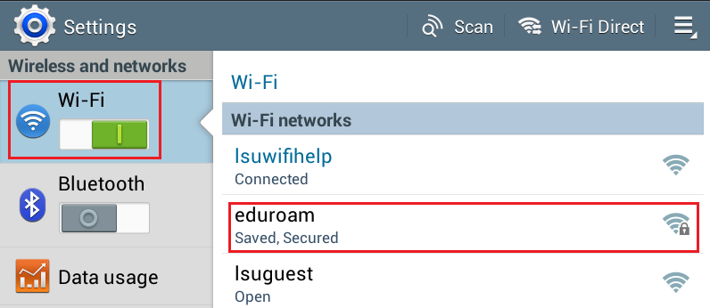 Andriod Wi-Fi settings with the network highlighted