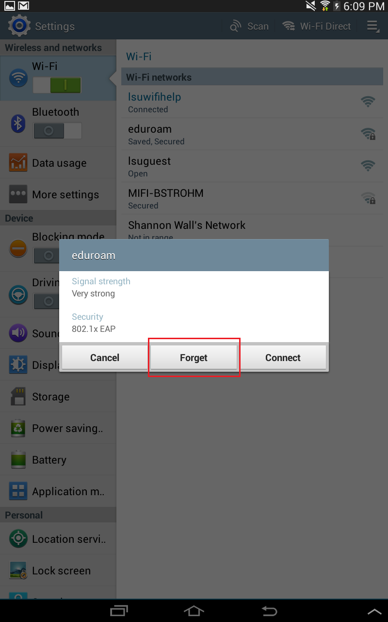 Click the "forget" button for the selected network