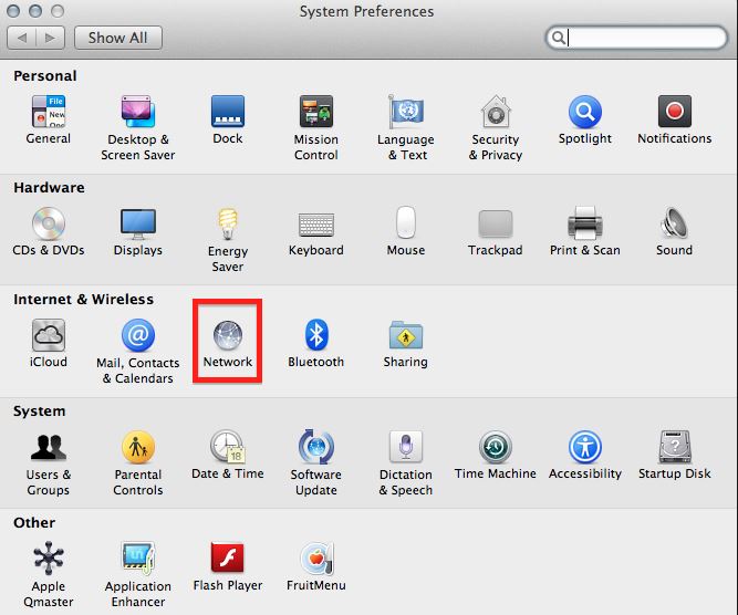 Mountain Lion System Preferences, Network icon identified.