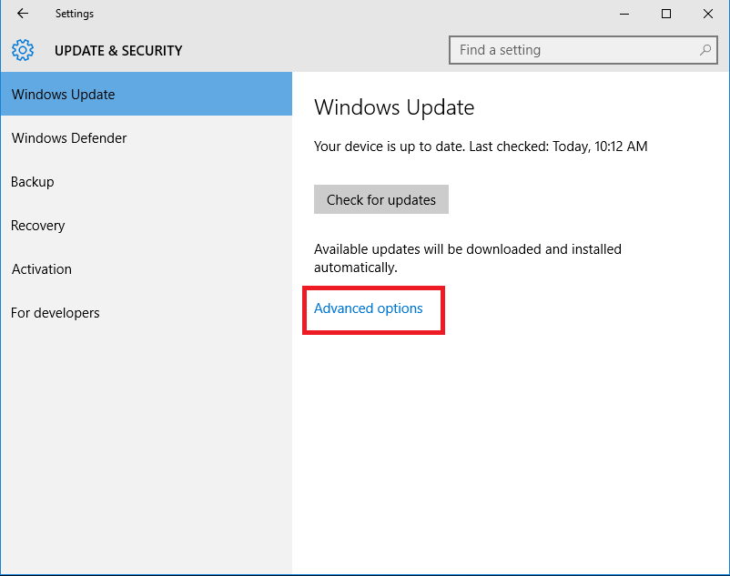 under windows update with advance settings highlighted.