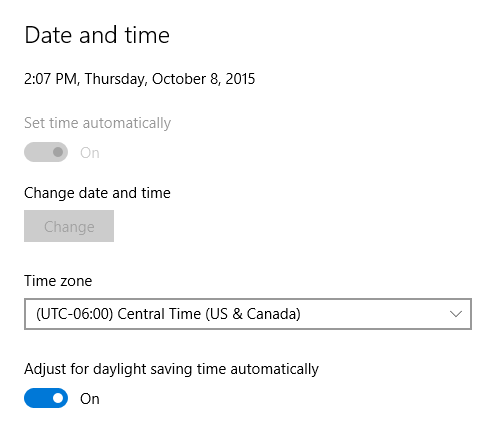 In the Dame/Time settings window, change the time zone to CST 