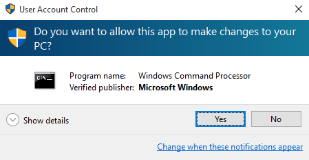 Windows user account control confirmation window.