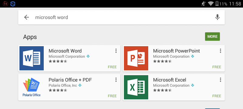 Microsoft products in the Google play store.