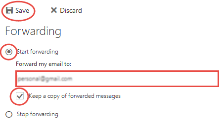Forwarding page with "start forwarding" and "keep a copy of forwarded messages" with red outline.