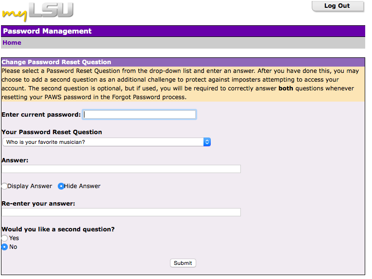 This shows where you select your password reset questions.