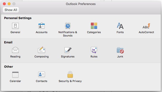 Personal Settings in outlook preferences
