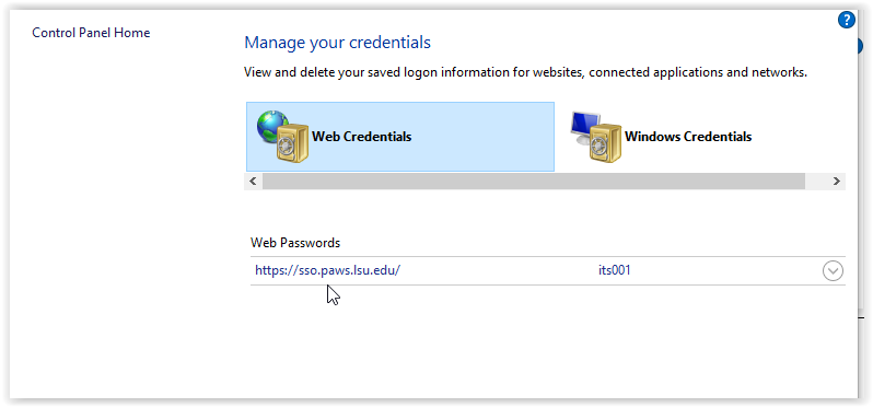 manage credentials window in control panel