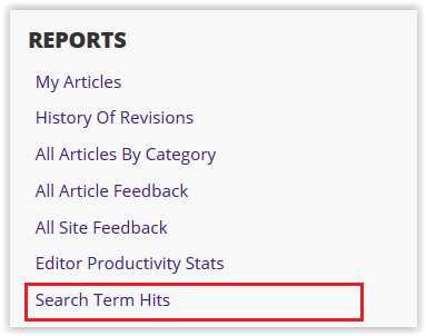 Search Term Hits option under the reports header