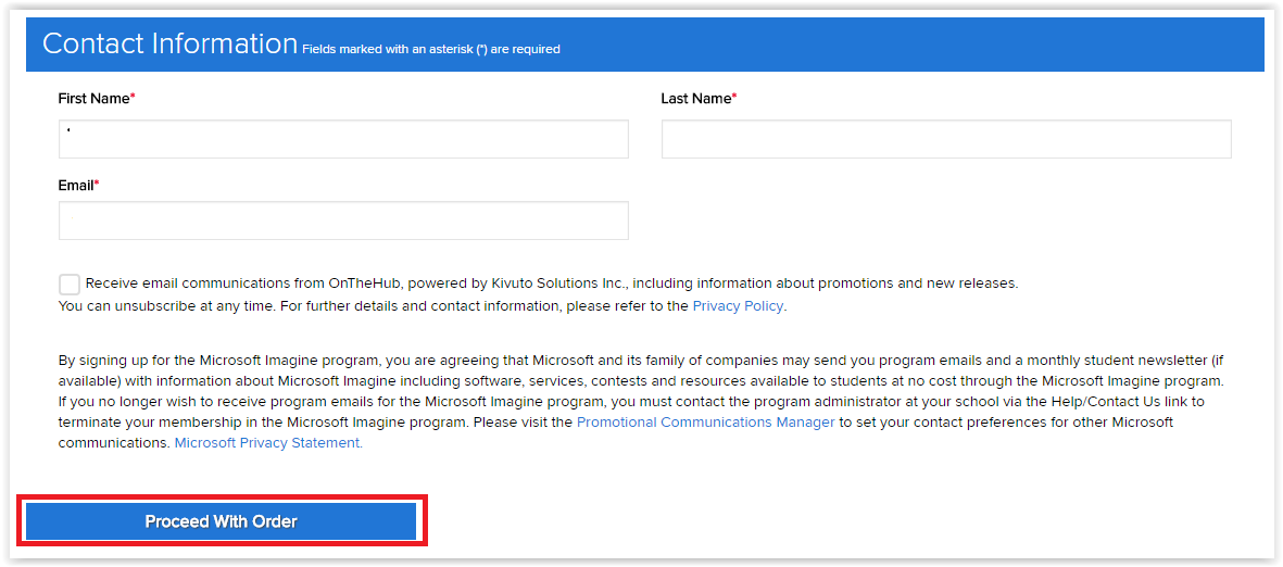 Contact Information with proceed with order button highlighted