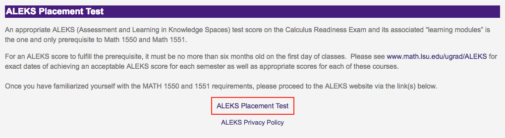 ALEKS Placement Test option