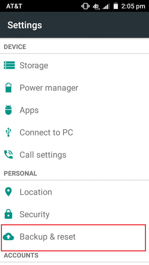 Settings with backup & reset highlighted