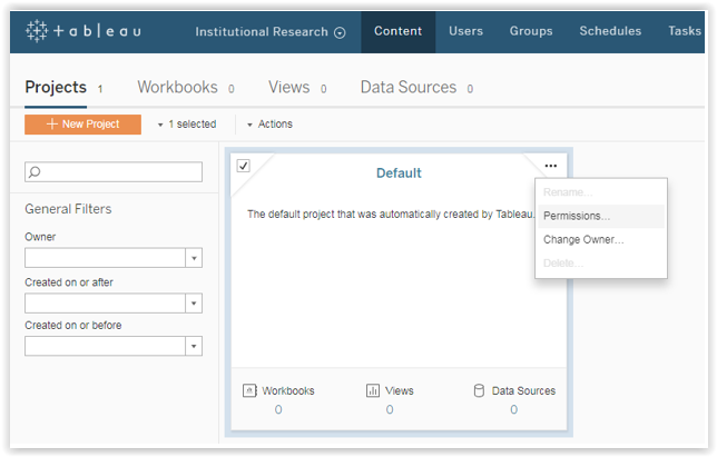 tableau server projects window