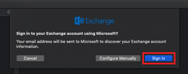 sign in using microsoft exchange dialog box, sign in highlighted