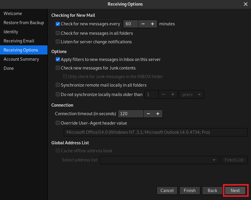 Receiving Options window