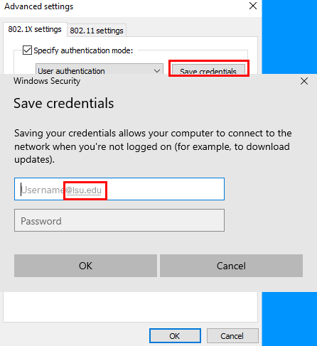 Entering credentials, with username including at L S U dot E D U, in the save credentials window