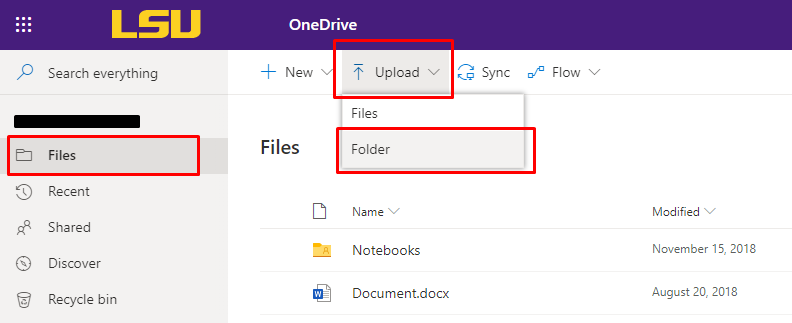 Files tab and upload button on OneDrive