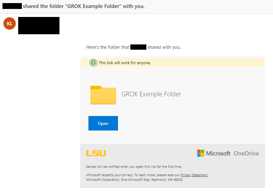 Example email of successfully shared folder 