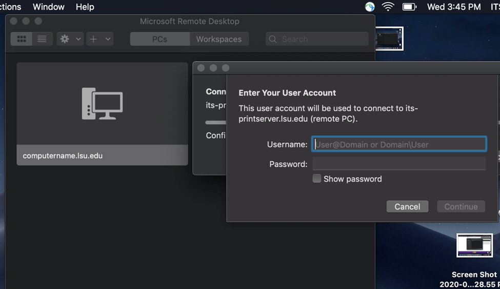 Entering LSU credentials to connect to the on campus computer