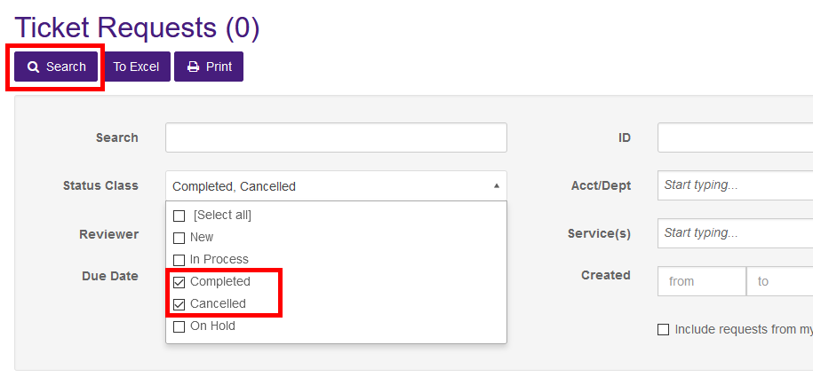 Completed and Cancelled check boxes selected and search button highlighted