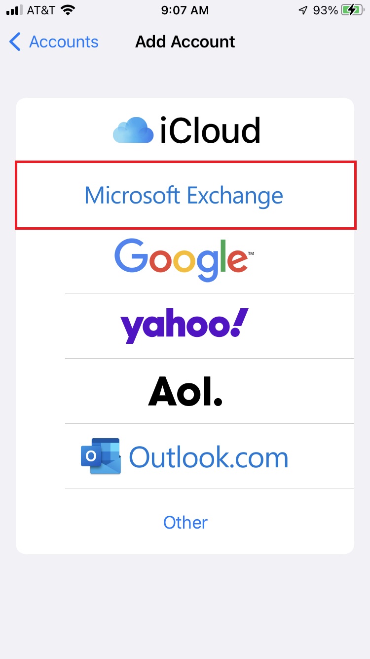 Microsoft Exchange on Add Account page