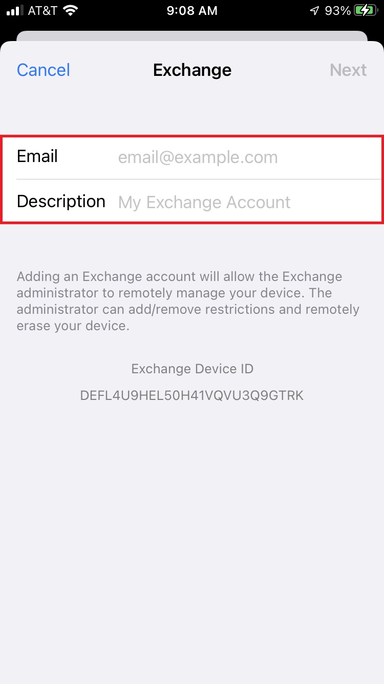 Exchange login page with email and description fields boxed