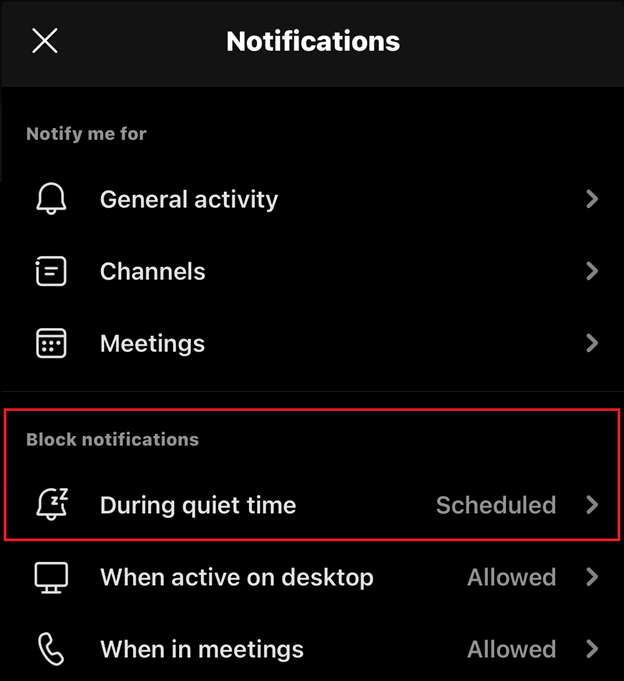 the Notifications settings menu with Block Notification’s During Quiet Time selected.
