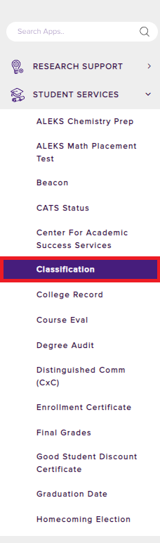 Classification tab under student services on myLSU portal