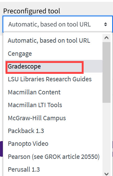Selecting Gradescope in the external tool list