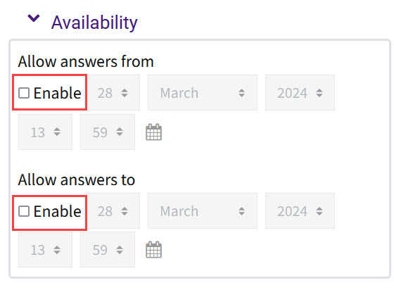 Feedback settings showing availability menu for open and close dates