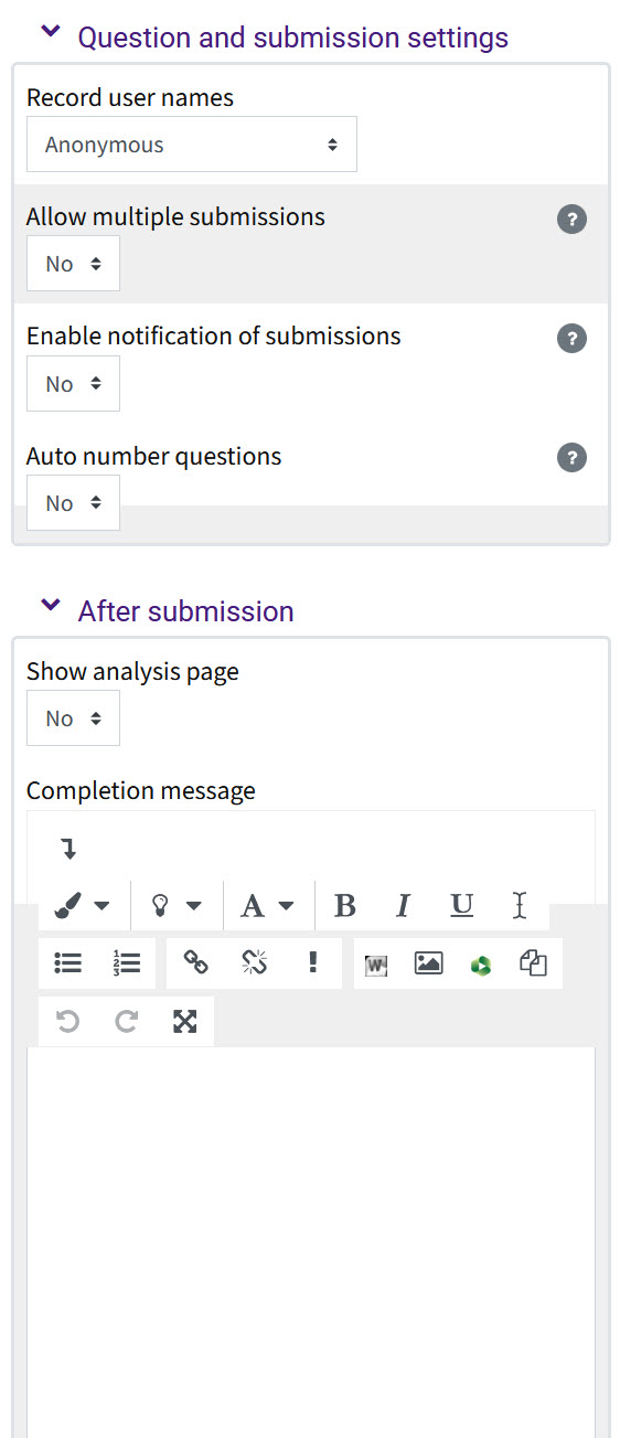 Question and submission settings in the Feedback activity