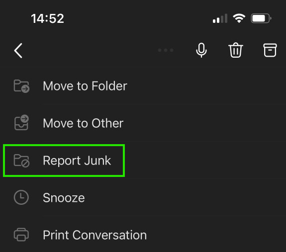 Select the "Report Junk" option from the email actions menu