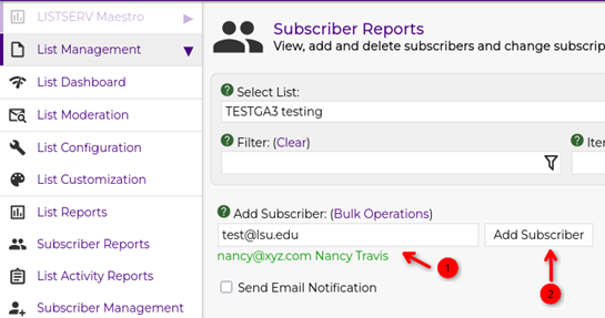 email field and add subscriber button